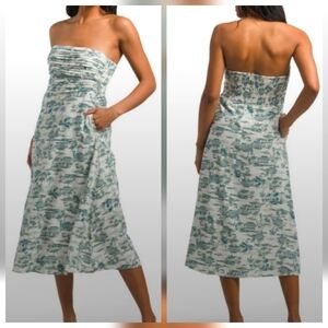 Tahari Green & White Linen Blend Pleated Toile Strapless Midi Dress sz L
